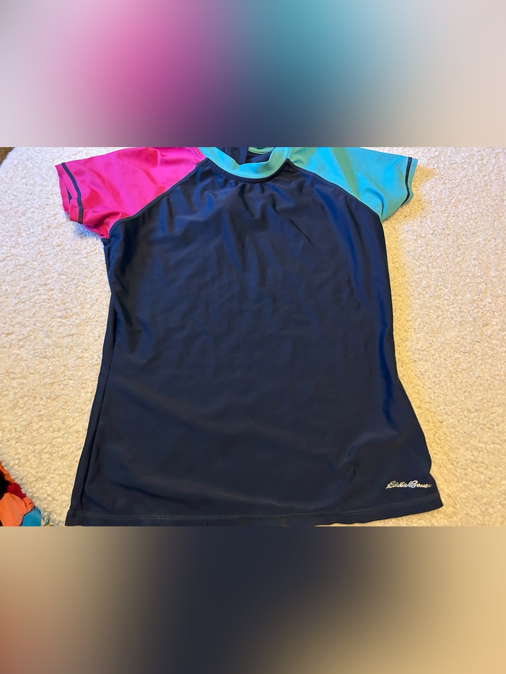 Eddie Bauer Navy Swim Tee with Pink and Teal Sleeves